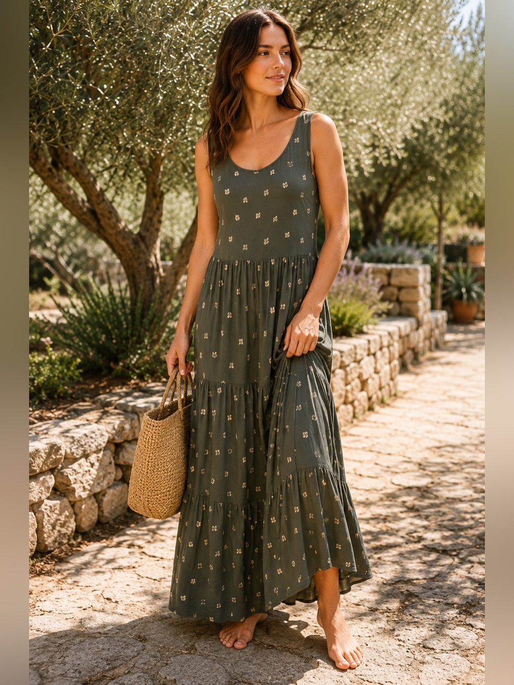 Boden Maya Jersey Maxi Dress Olive Green Gold Foil Motif Print US 10 Coastal